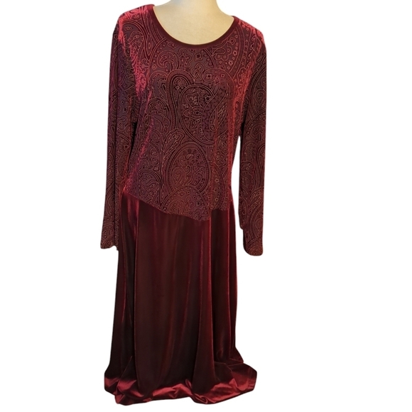 Burgundy wine velour Drop Waist long maxi dress with velvet burnout bodice sz 18 - Picture 8 of 9